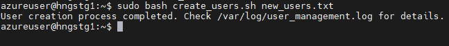 Terminal running sudo bash create_users.sh new_users.txt, reporting that the user creation process completed and pointing to /var/log/user_management.log
