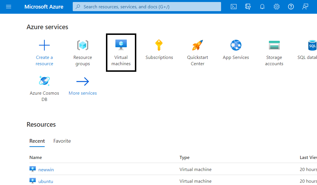 Azure portal home page with the Virtual machines tile highlighted among the Azure services shortcuts