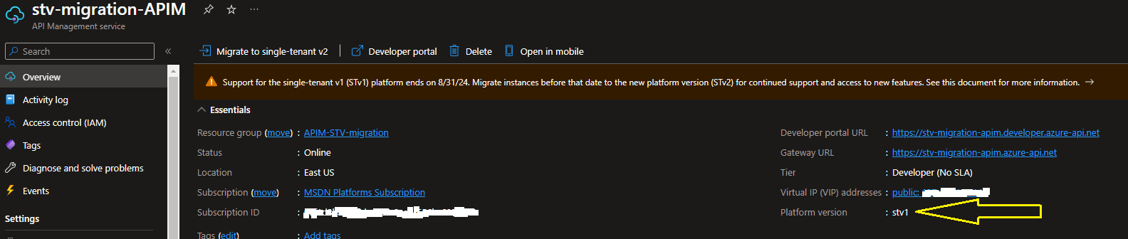 Overview blade for the stv-migration-APIM API Management service, Developer tier in East US, with Platform version reading stv1