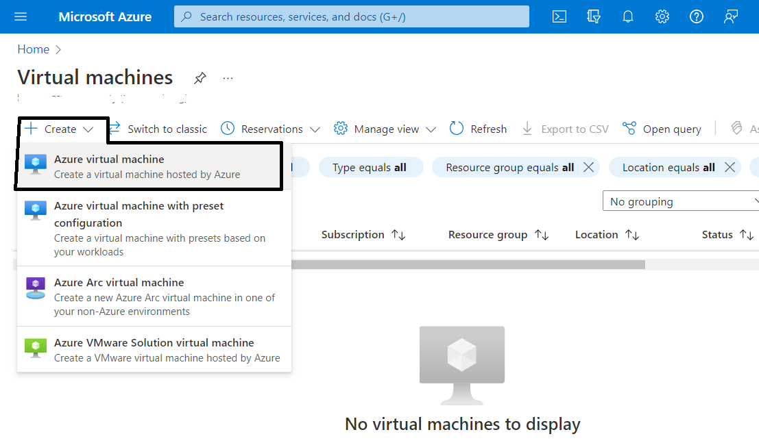 Virtual machines blade with the Create menu open and "Azure virtual machine" highlighted