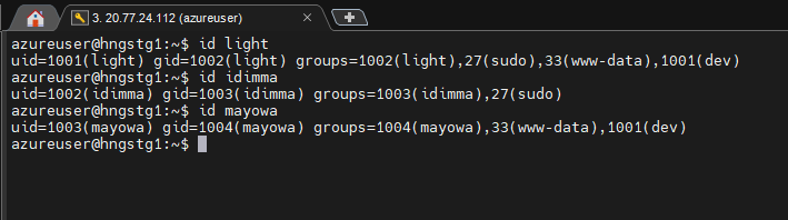 Terminal output of the id command for users light, idimma and mayowa, each showing a personal group plus sudo, www-data and dev memberships