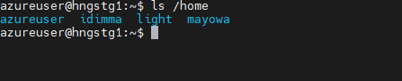 Terminal output of ls /home listing the home directories azureuser, idimma, light and mayowa