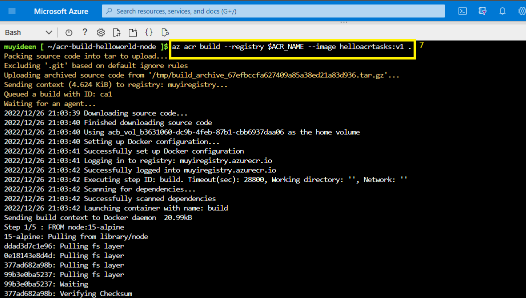 Output of az acr build, packing and uploading the source, logging in to the registry and starting the Docker build from the node:15-alpine base image