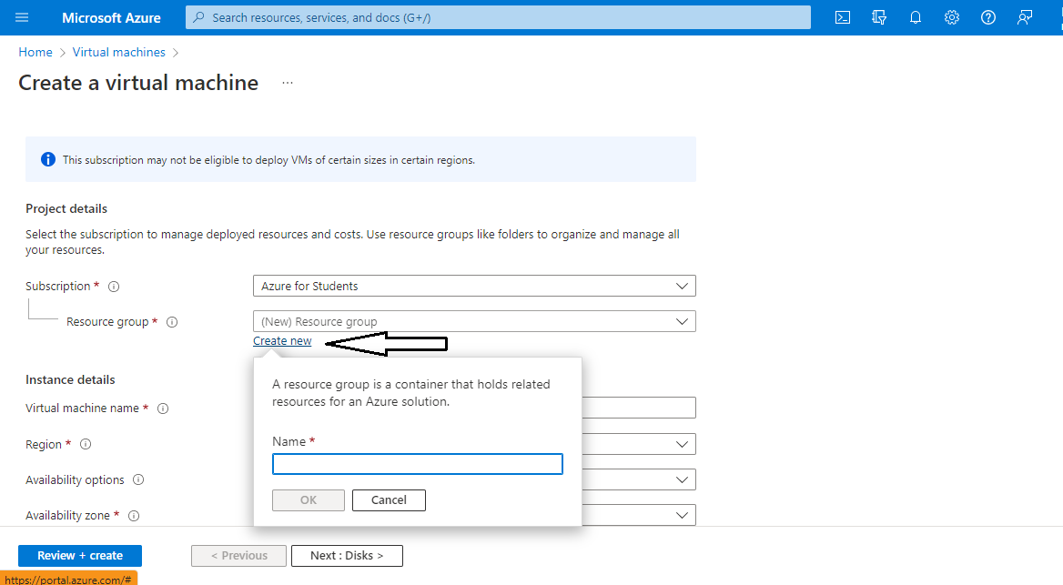 Create a virtual machine form, Project details, with the Create new link under Resource group highlighted and the name prompt open