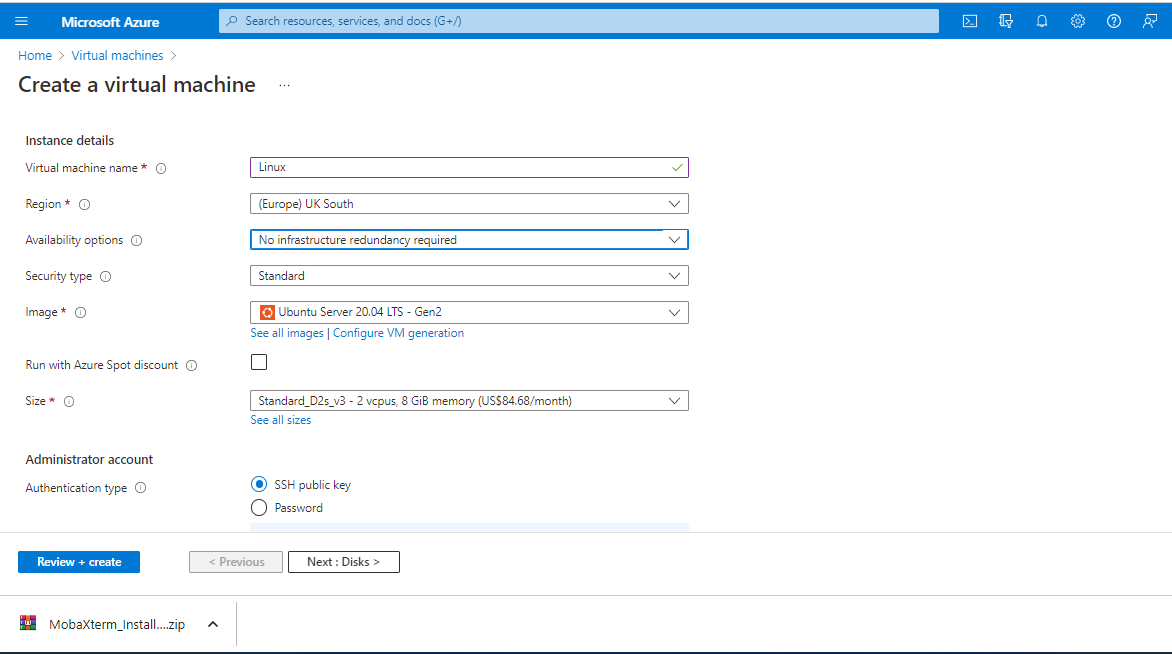 Instance details of the create form: name Linux, region UK South, Ubuntu Server 20.04 LTS Gen2 image and a Standard_D2s_v3 size