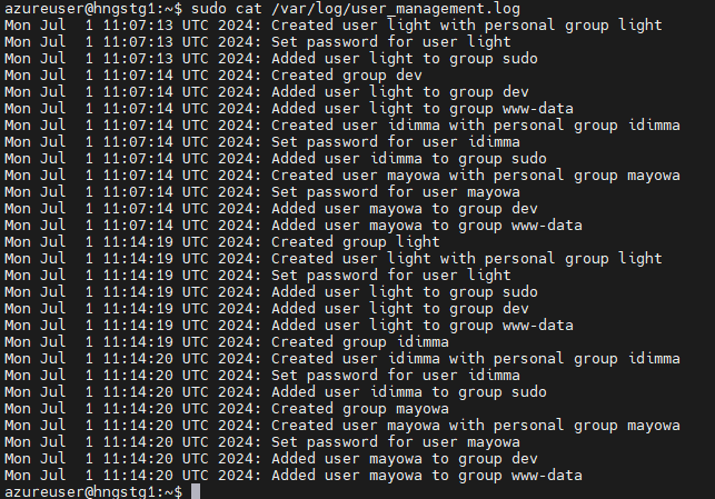 Terminal output of the user management log, with timestamped lines recording each user created, password set and group membership added