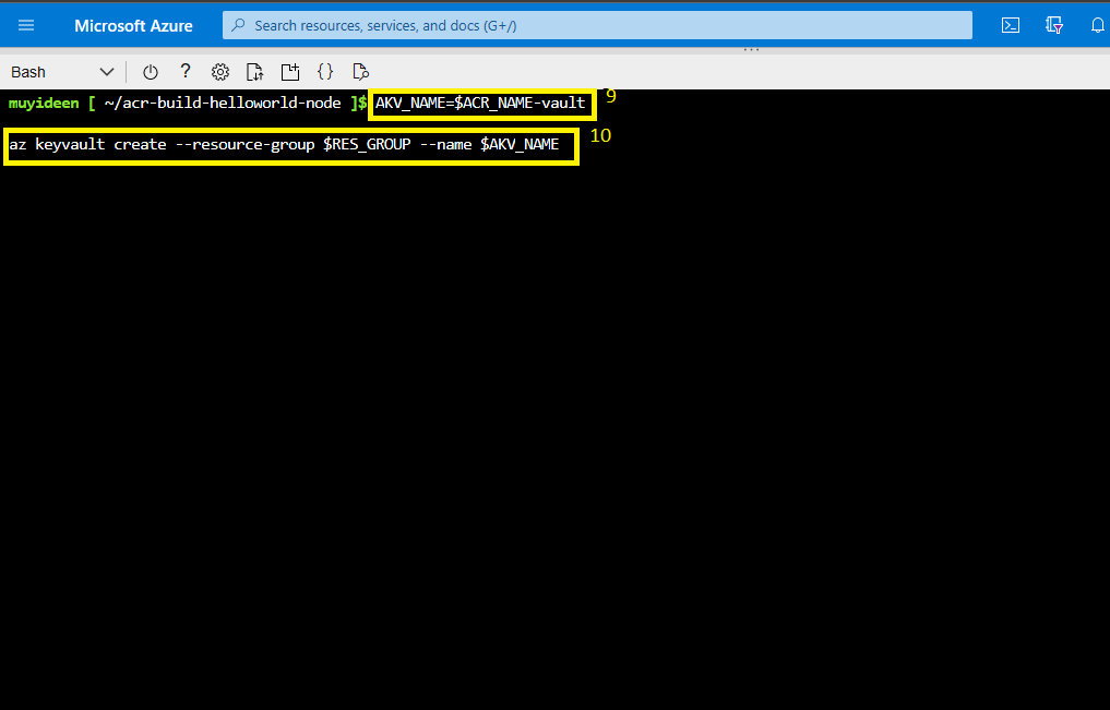 Cloud Shell setting the AKV_NAME variable and running az keyvault create in the resource group