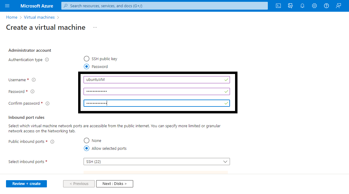 Administrator account section with authentication type set to Password, a username filled in, and inbound port rules allowing SSH on port 22