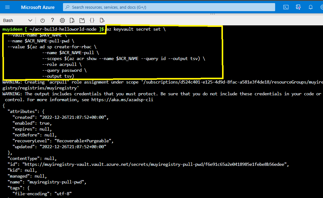 az keyvault secret set storing the password of a new service principal created with az ad sp create-for-rbac and the acrpull role, alongside a warning to protect the returned credentials