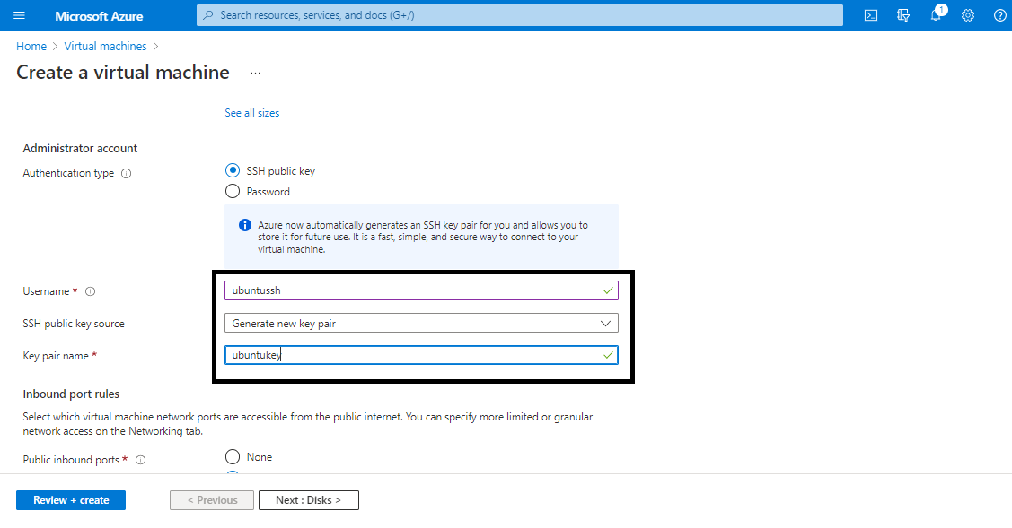 Administrator account section with authentication type set to SSH public key, generating a new key pair and naming it