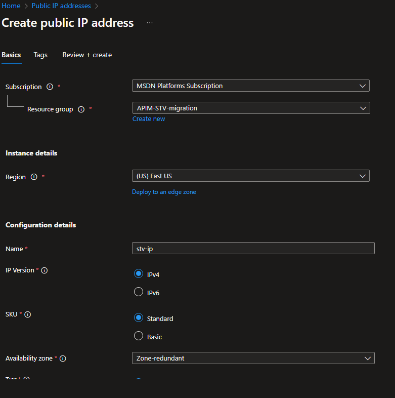 Create public IP address form, Basics tab, with resource group APIM-STV-migration, region East US, name stv-ip, IPv4, Standard SKU and zone-redundant availability