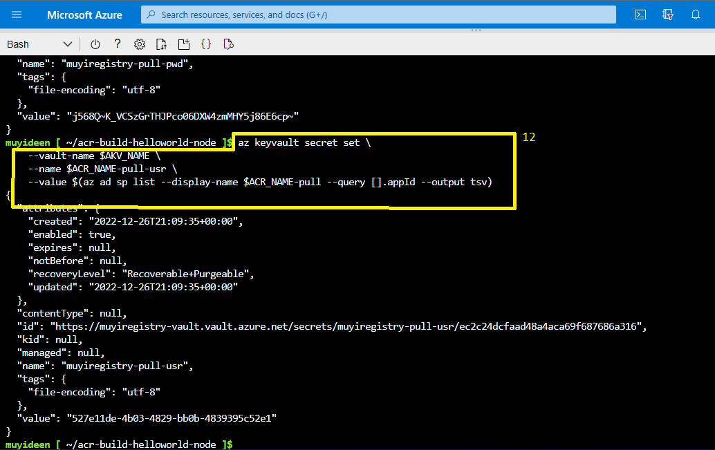 az keyvault secret set storing the service principal application ID as the registry pull username, with the resulting Key Vault secret returned as JSON