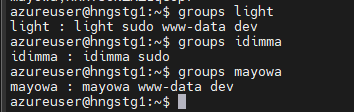 Terminal output of the groups command for light, idimma and mayowa, confirming each user's group memberships