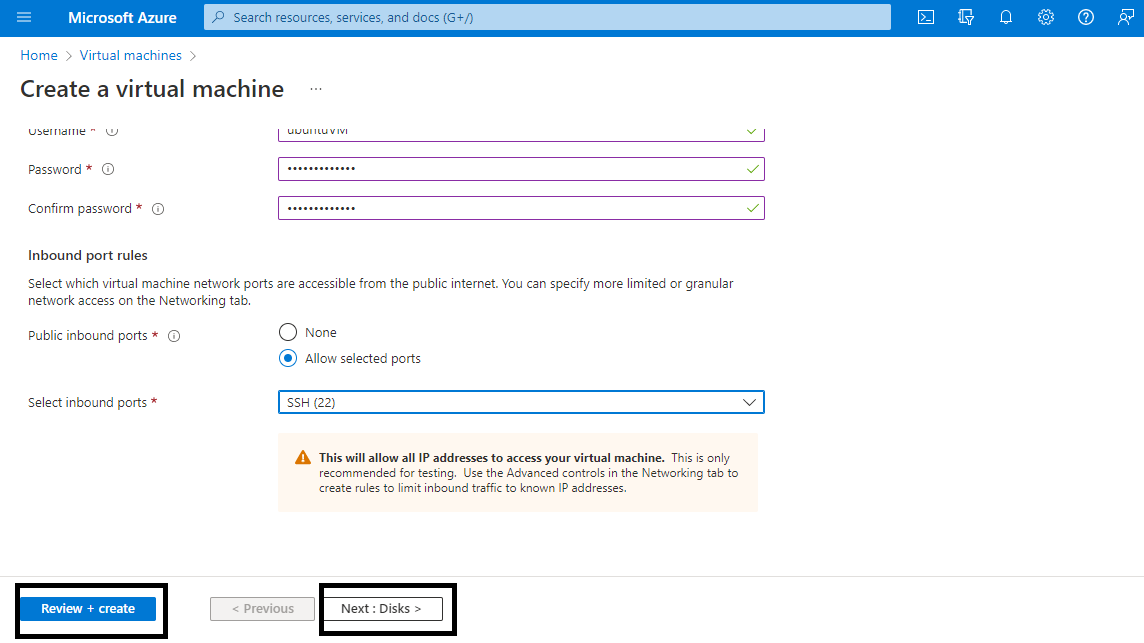 Inbound port rules allowing SSH from any IP address, with a warning that this is only recommended for testing, and the Review + create and Next: Disks buttons highlighted