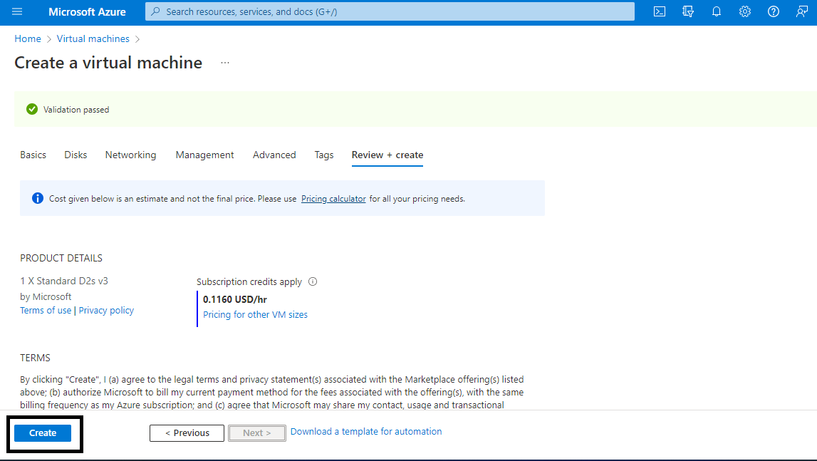 Review + create tab showing Validation passed, the estimated hourly price and the Create button highlighted