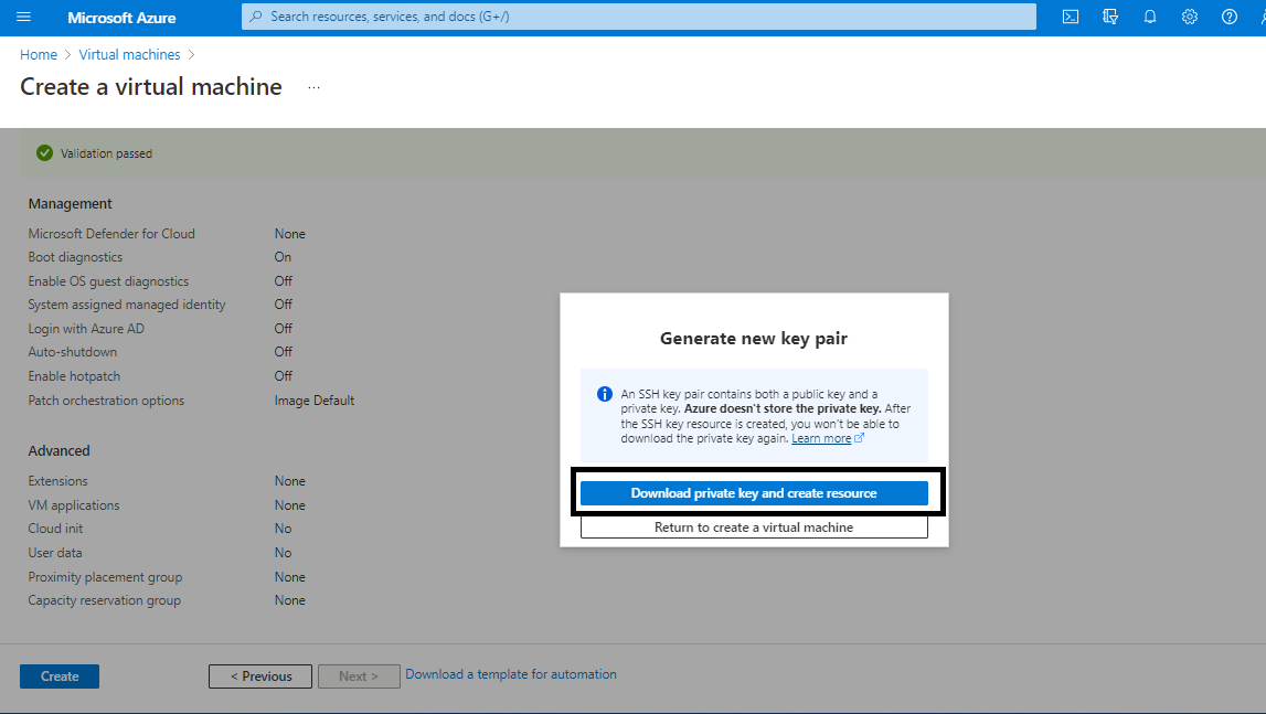 Generate new key pair dialog warning that Azure does not store the private key, with Download private key and create resource highlighted