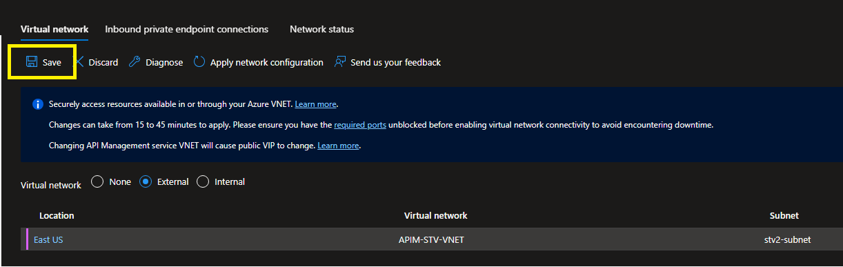 Virtual network tab with the Save button highlighted, the location row now showing stv2-subnet