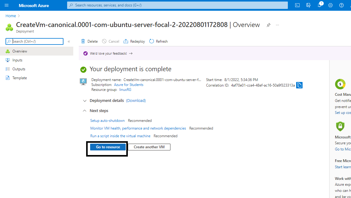 Deployment complete page for the Ubuntu VM with the Go to resource button highlighted