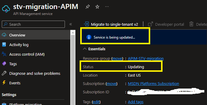 API Management overview showing a "Service is being updated" notice and Status reading Updating
