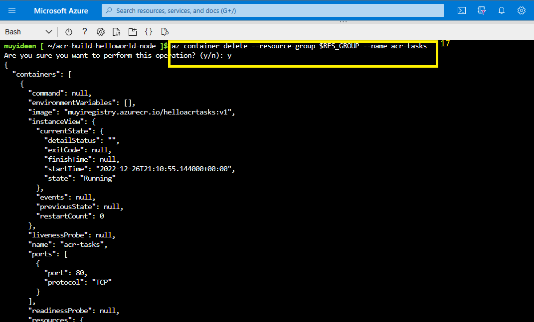 az container delete prompting for confirmation, with the deleted container group returned as JSON showing its running state and port 80