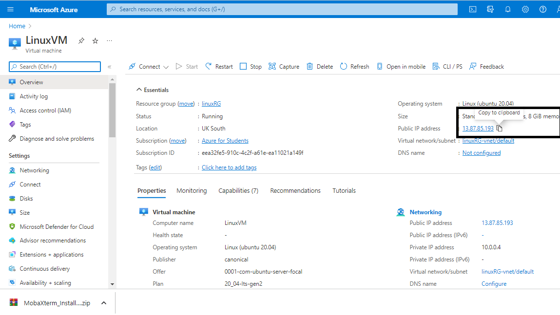Overview blade of the LinuxVM virtual machine, running in UK South, with the public IP address highlighted for copying