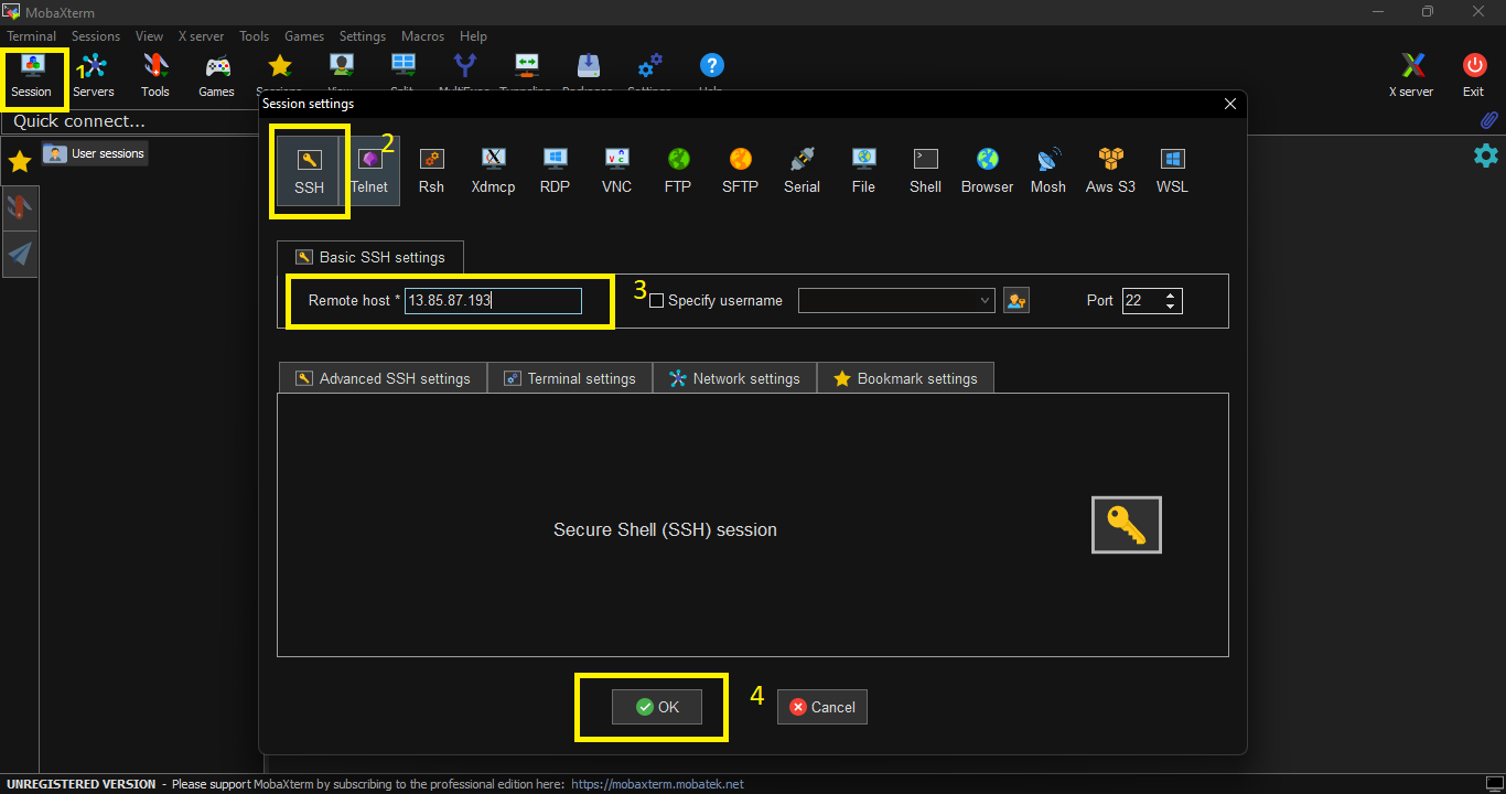 MobaXterm session settings with SSH selected and the VM public IP entered as the remote host, ready to connect on port 22
