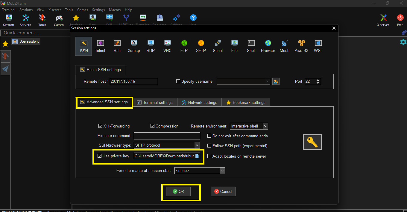 MobaXterm advanced SSH settings with "Use private key" ticked and the downloaded key file selected
