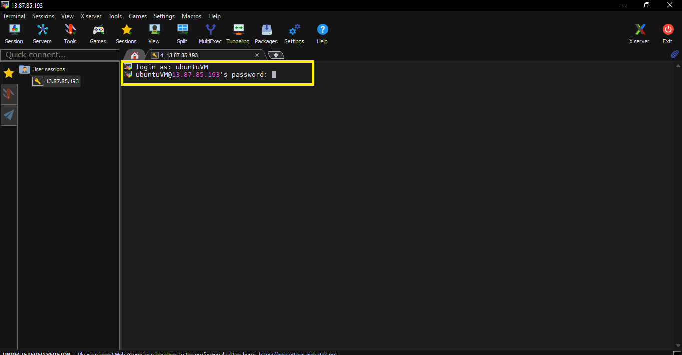 MobaXterm terminal prompting for the login name and password of the VM administrator account