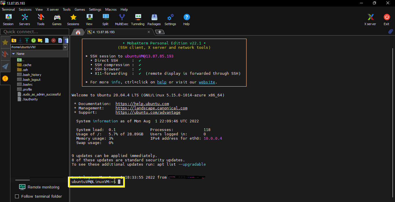 MobaXterm connected to the VM, showing the Ubuntu 20.04 LTS welcome banner, system load and a shell prompt